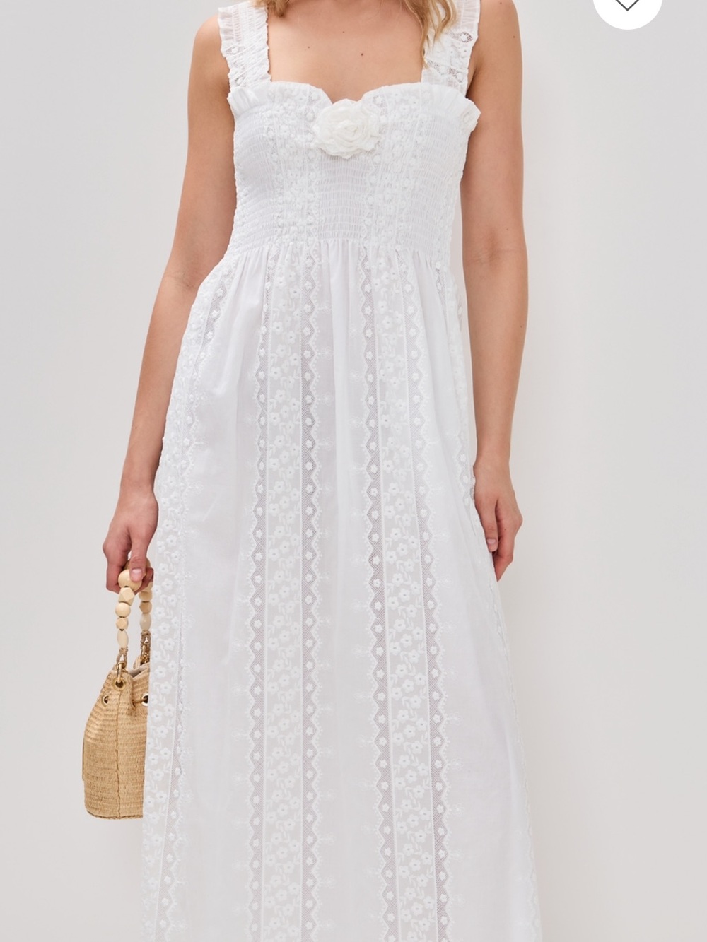 Smocked White Lace Maxi Dress with Floral Accent